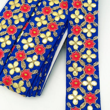 Royal Blue Art Silk Fabric Trim, Salmon Pink & Gold Floral Embroidery Gota Patti Indian Sari Border Trim By Yard Decorative Trim Craft Lace